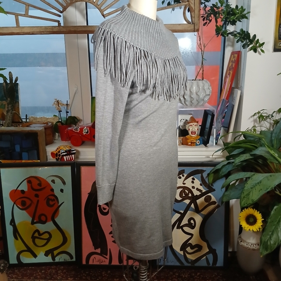 Calvin Klein Gray Fringe Neckline Sweater Dress Size Medium - Picture 4 of 9